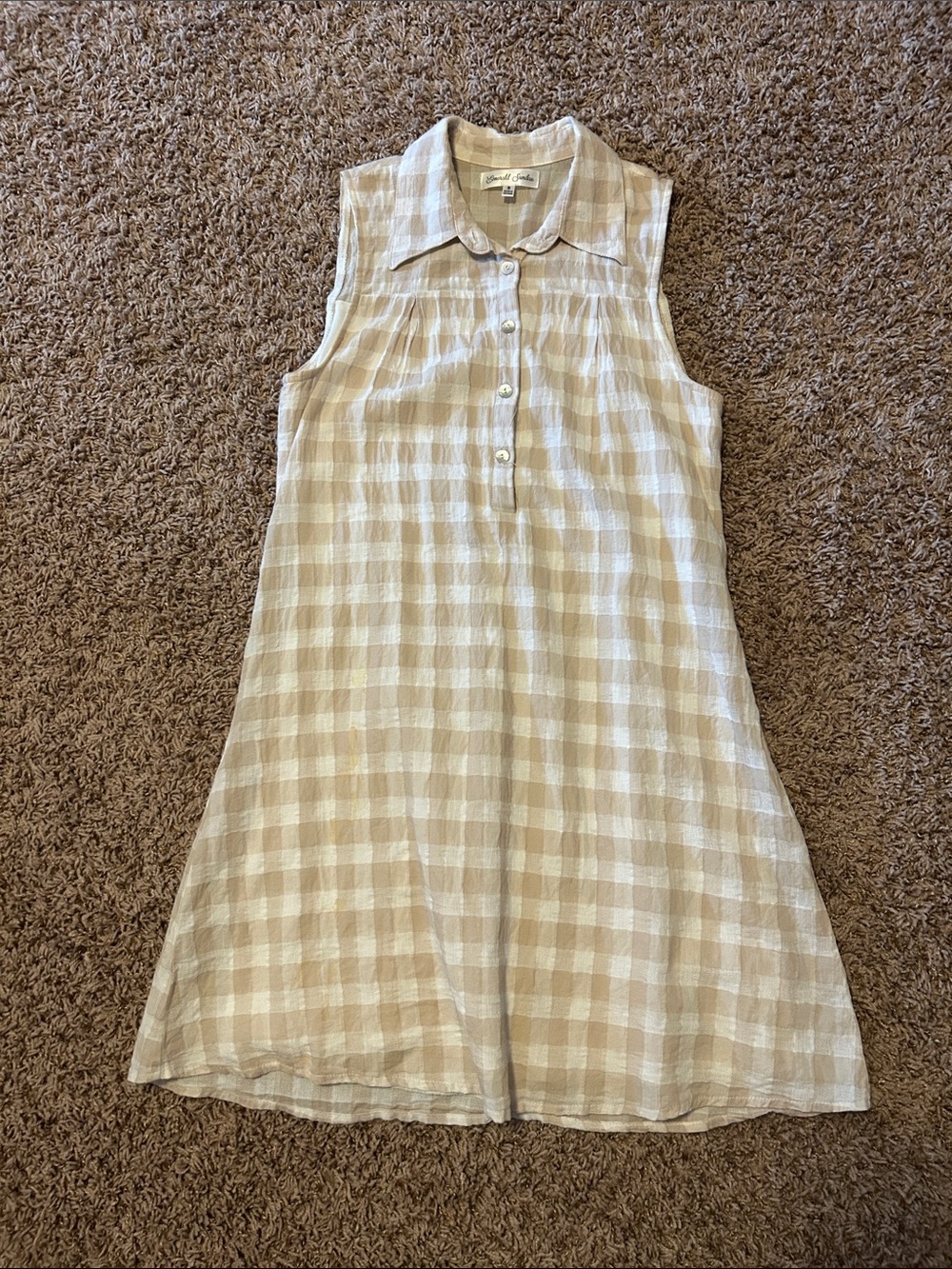 Emerald Sundae Beige and White Gingham Sleeveless Mini Dress
